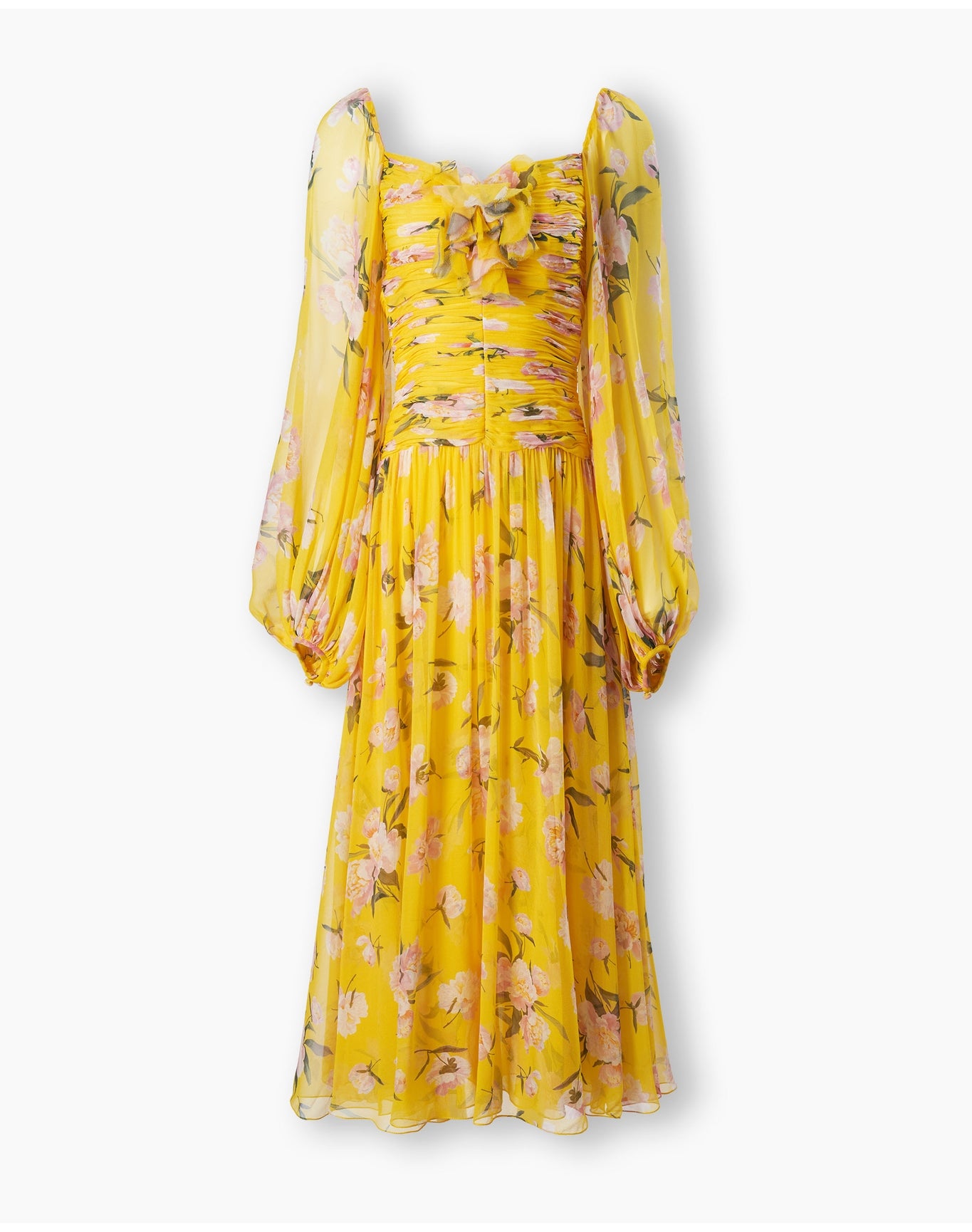 Puff Sleeve Full Gathered Midi Dress with Flower | Freesia Multi