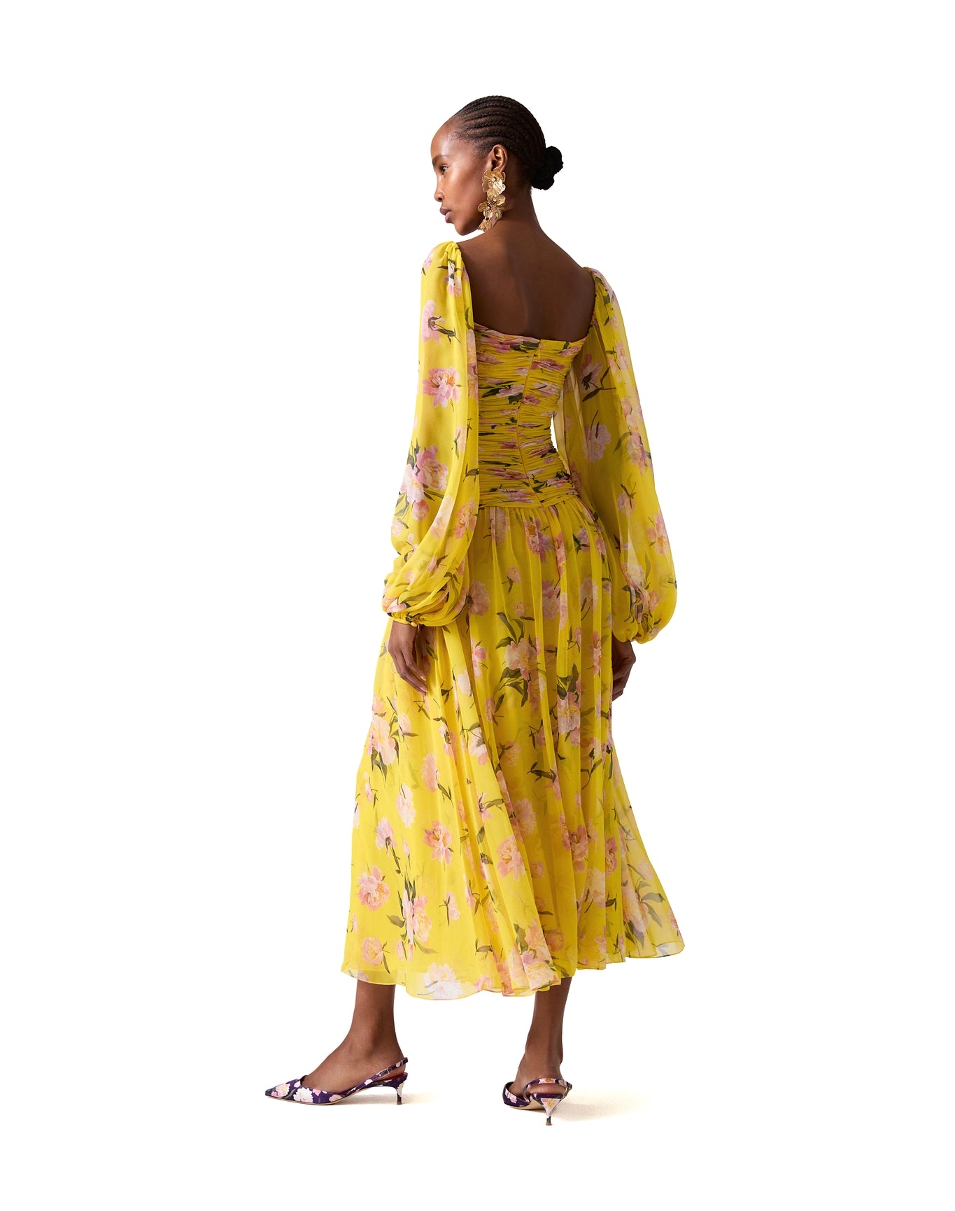 Puff Sleeve Full Gathered Midi Dress with Flower | Freesia Multi