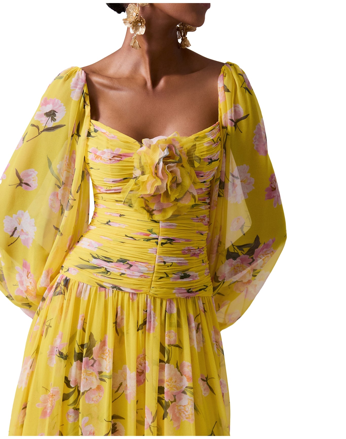 Puff Sleeve Full Gathered Midi Dress with Flower | Freesia Multi