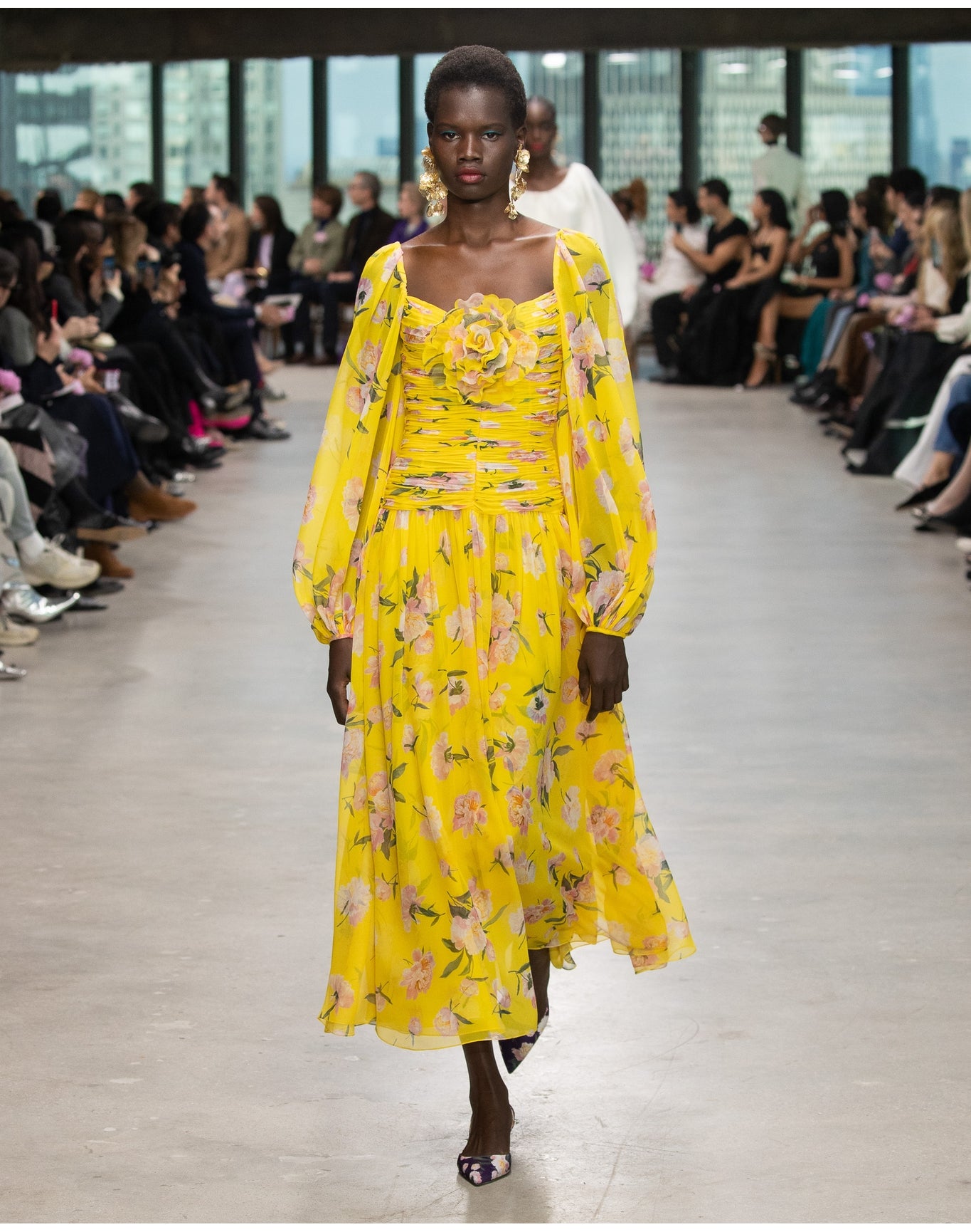 Puff Sleeve Full Gathered Midi Dress with Flower | Freesia Multi