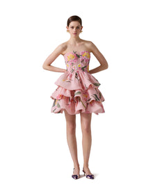 Embroidered Strapless Ruffled Mini Dress | Slipper Pink Multi