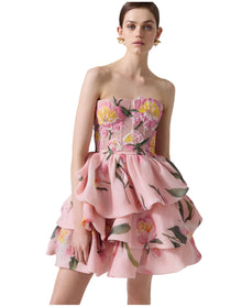 Embroidered Strapless Ruffled Mini Dress | Slipper Pink Multi