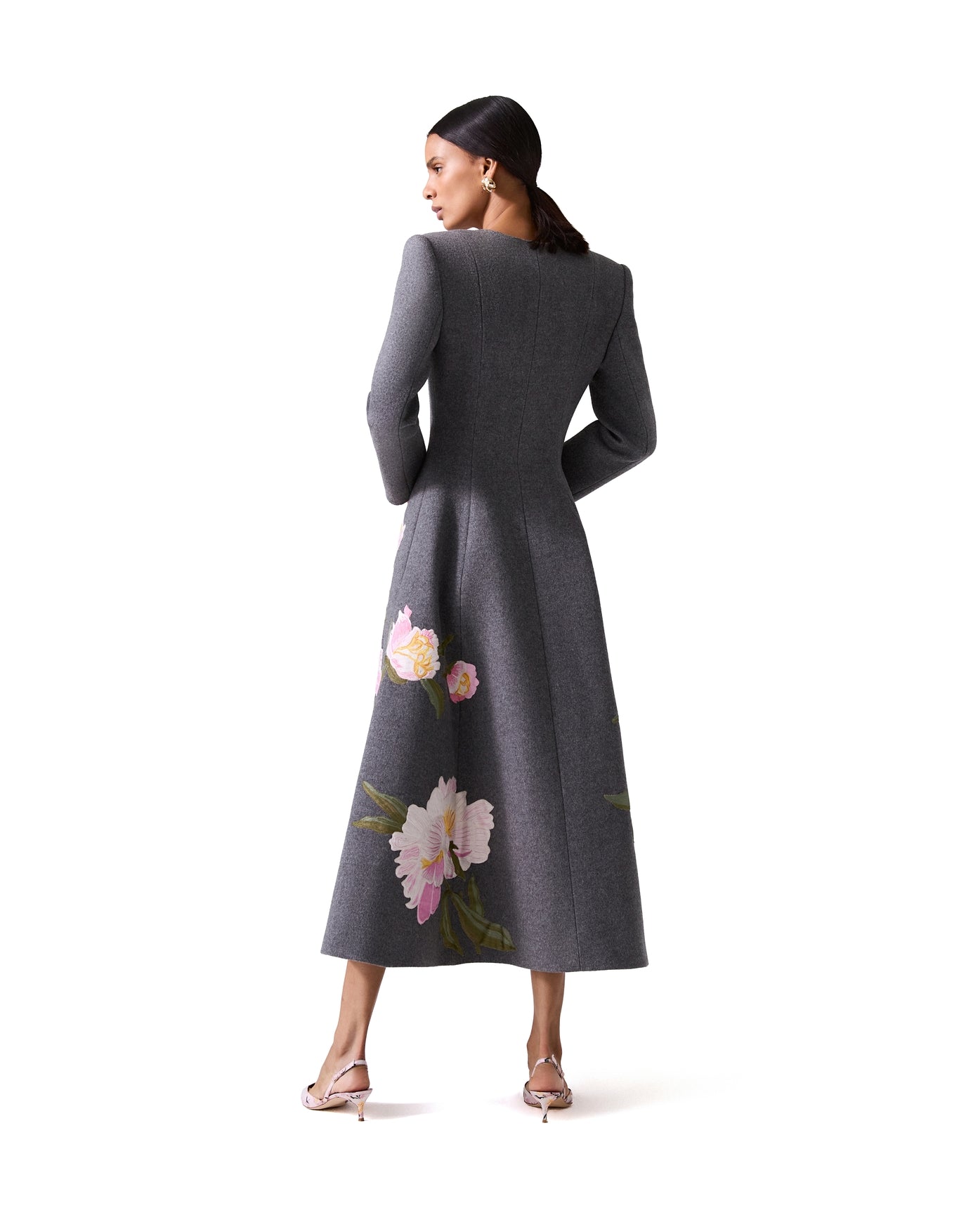 Embroidered Broad Shoulder Collarless A-Line Coat | Melange Grey Multi