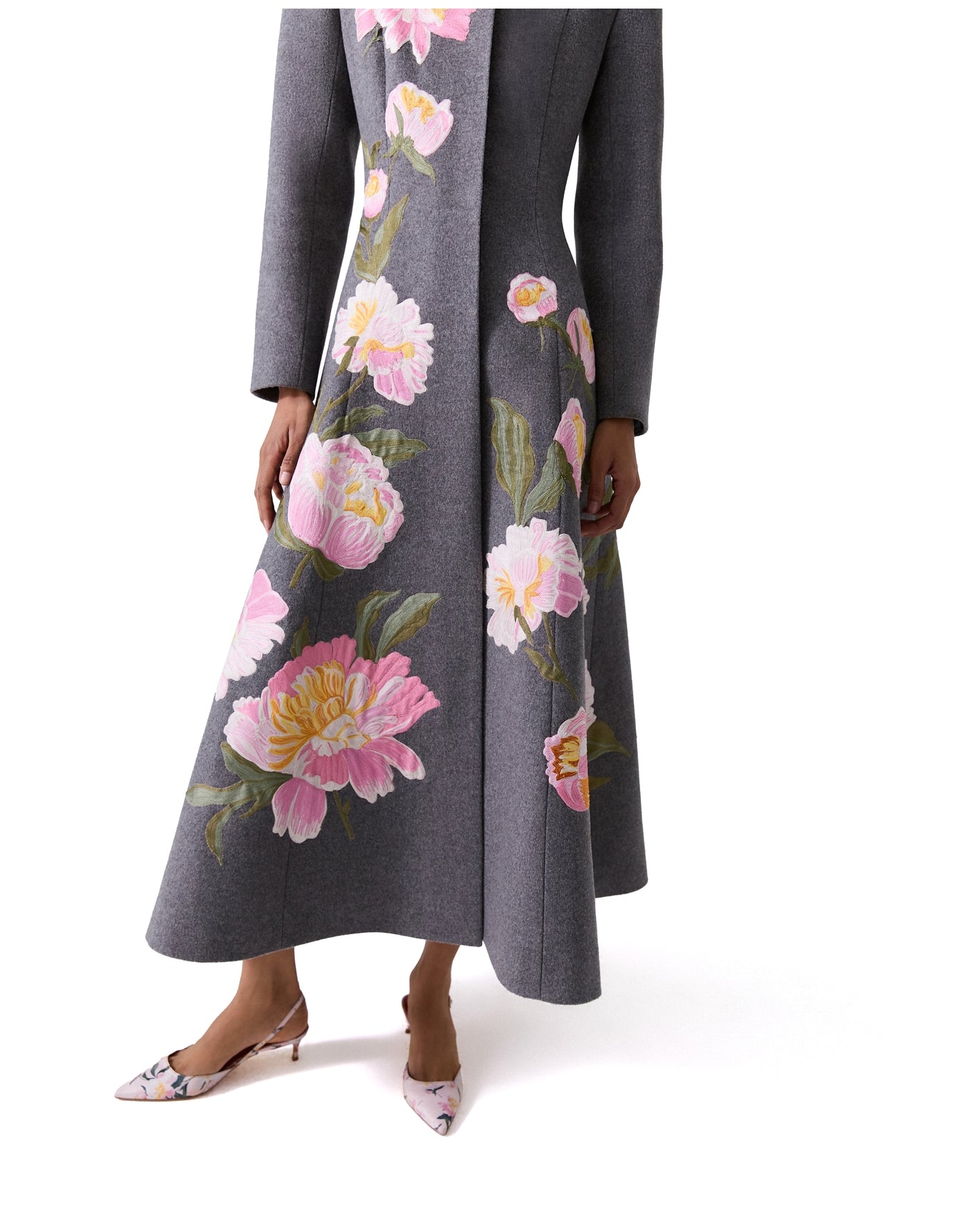 Embroidered Broad Shoulder Collarless A-Line Coat | Melange Grey Multi