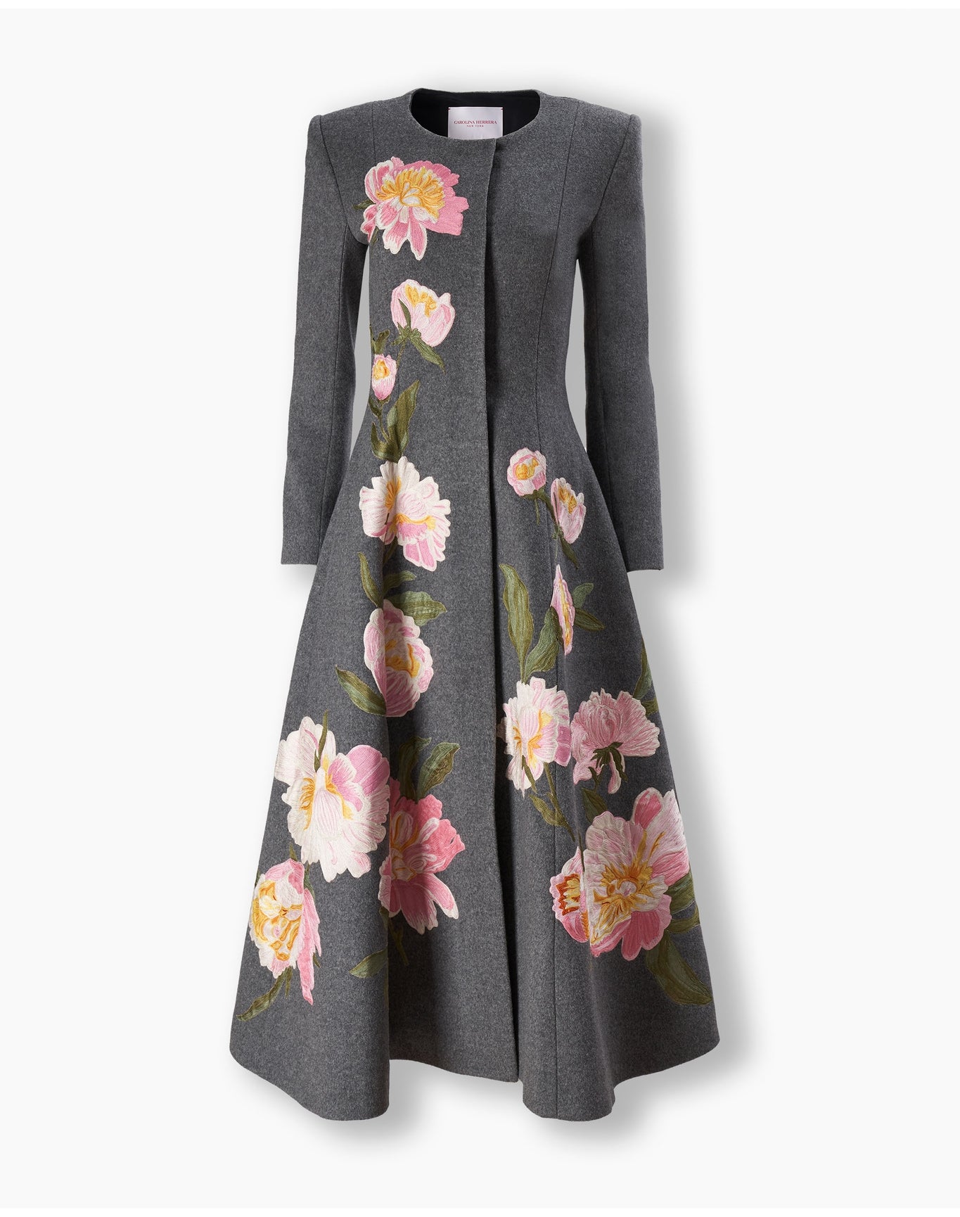 Embroidered Broad Shoulder Collarless A-Line Coat | Melange Grey Multi