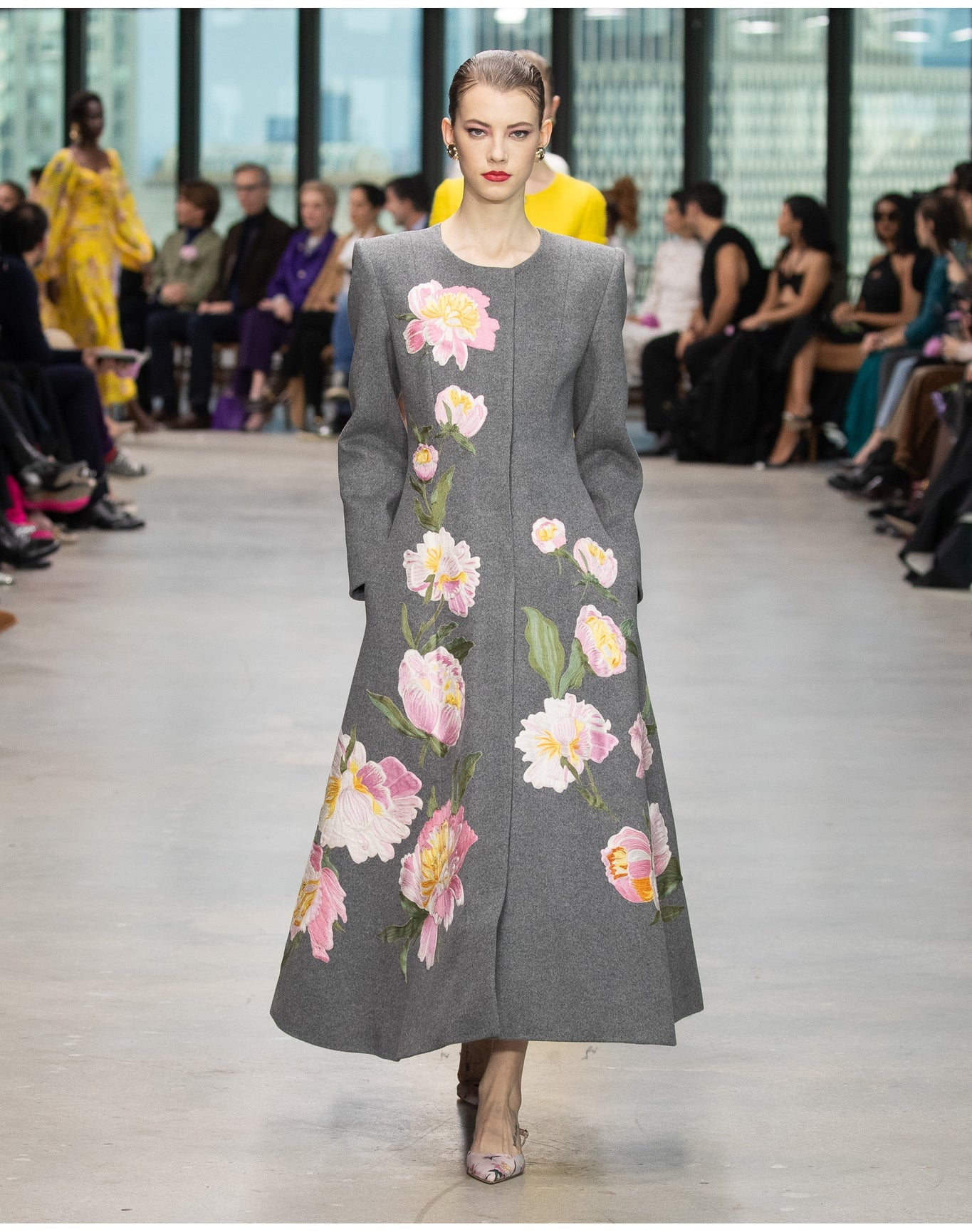 Embroidered Broad Shoulder Collarless A-Line Coat | Melange Grey Multi