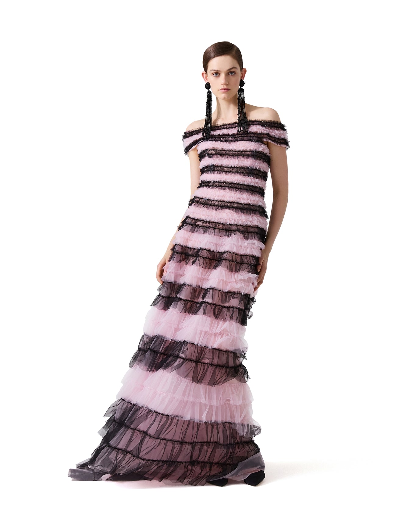 Embroidered Off Shoulder Tiered Gown | Black Multi