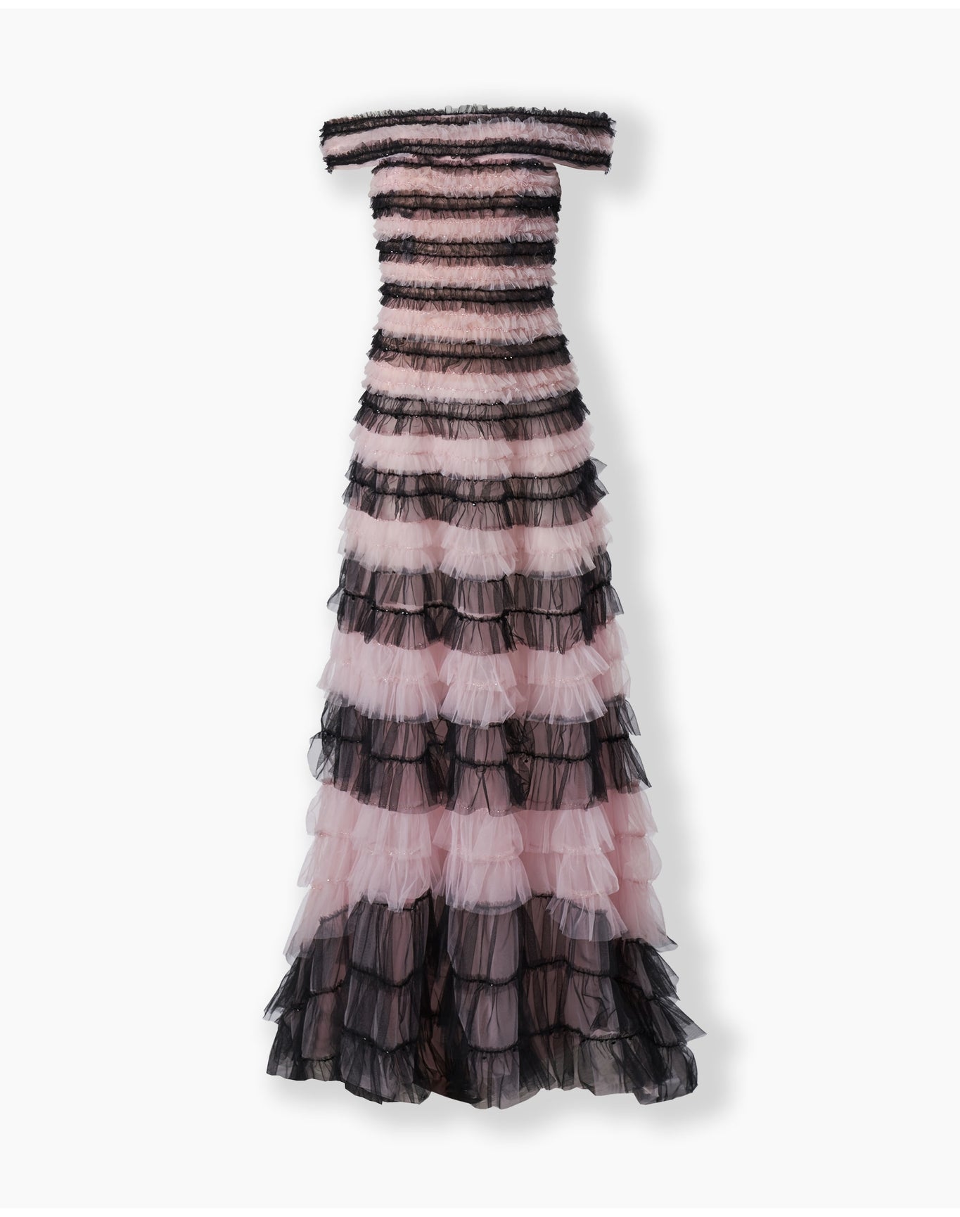 Embroidered Off Shoulder Tiered Gown | Black Multi