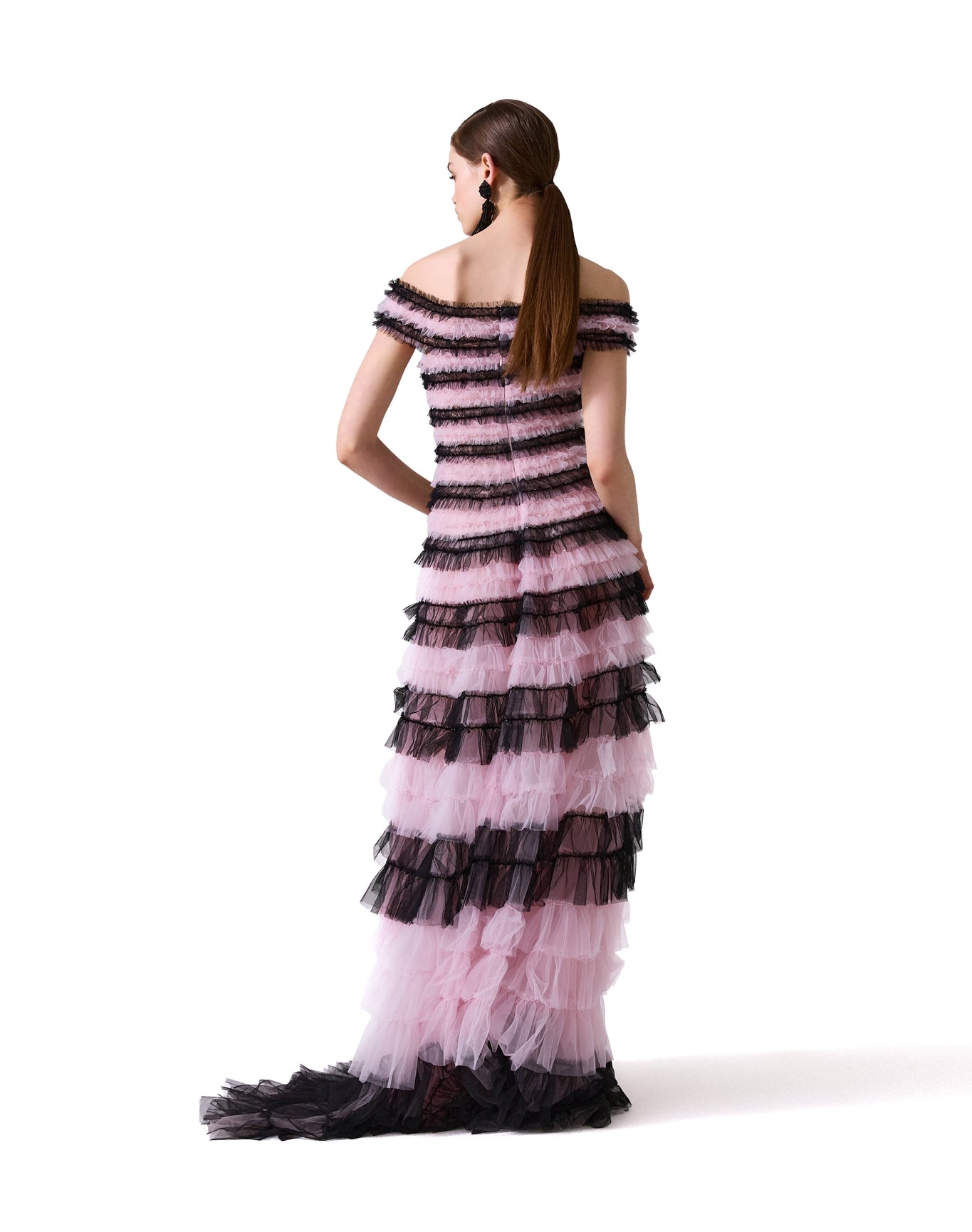 Embroidered Off Shoulder Tiered Gown | Black Multi