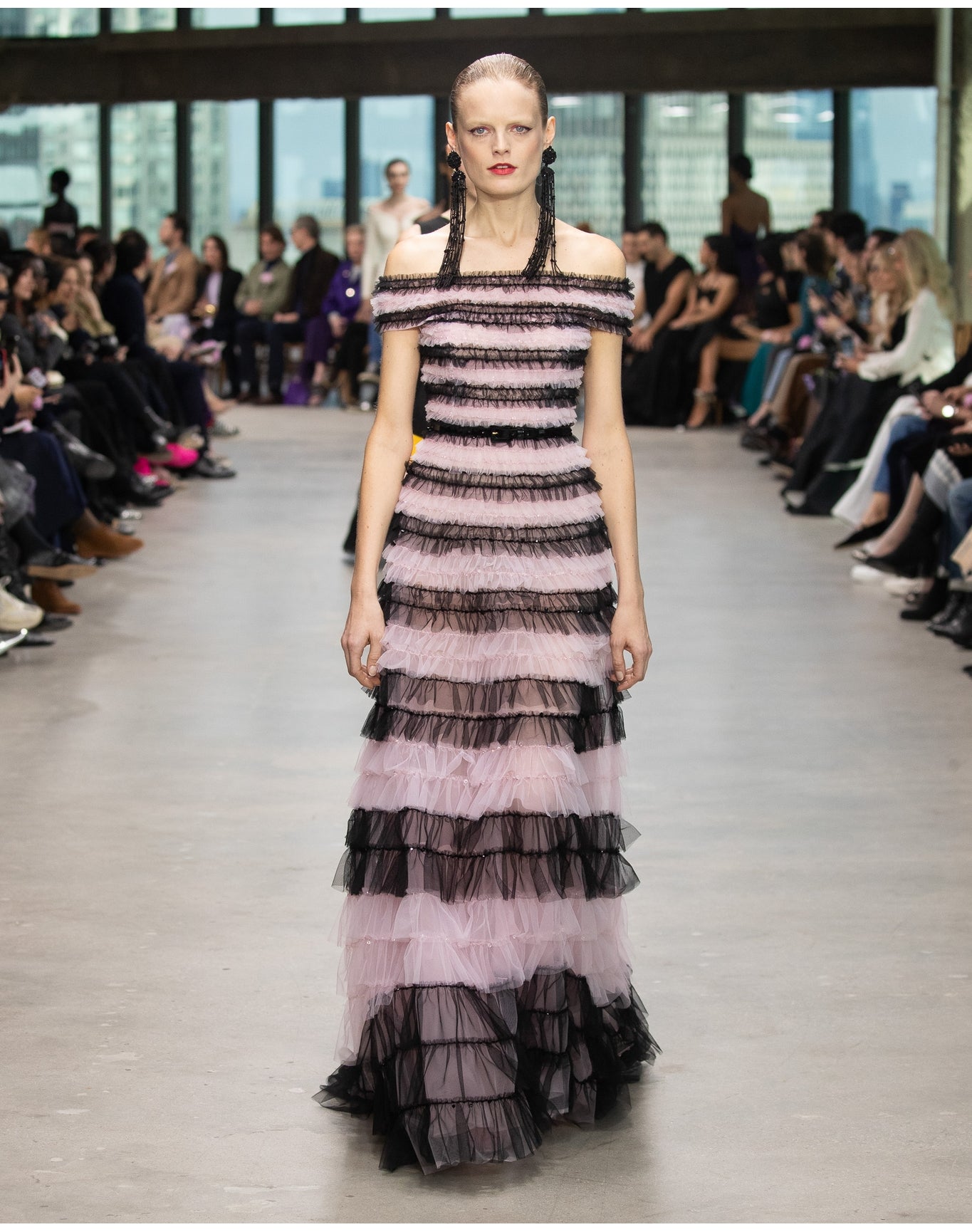Embroidered Off Shoulder Tiered Gown | Black Multi