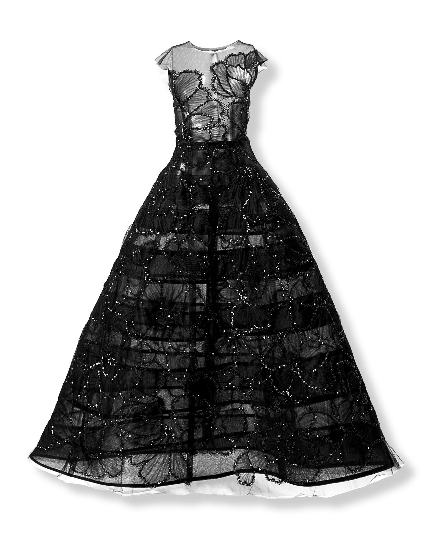 Embroidered Sleeveless Crewneck A-Line Gown | Black