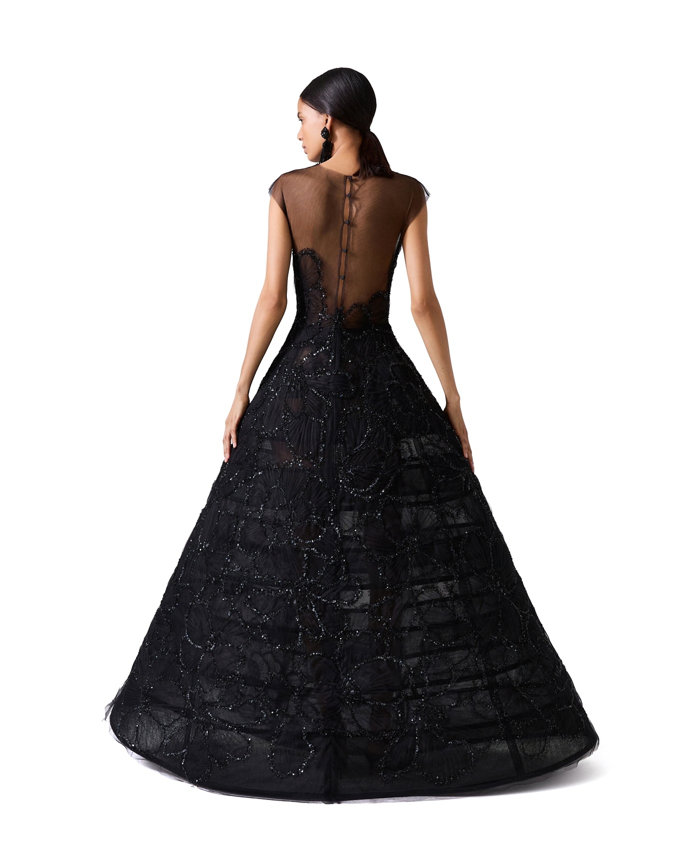 Embroidered Sleeveless Crewneck A-Line Gown | Black