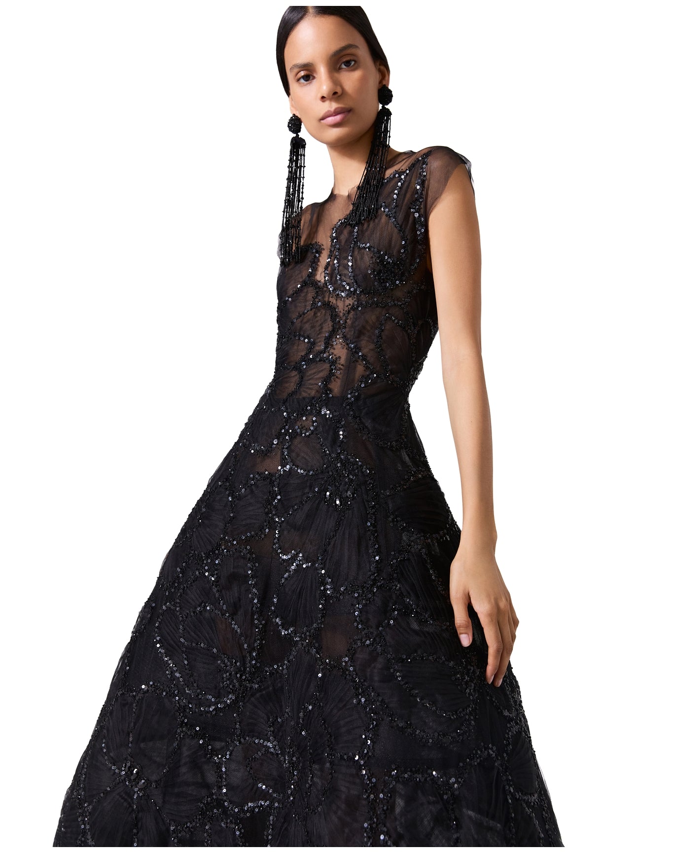 Embroidered Sleeveless Crewneck A-Line Gown | Black