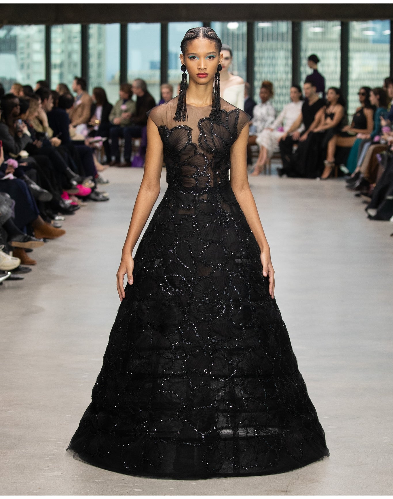 Embroidered Sleeveless Crewneck A-Line Gown | Black