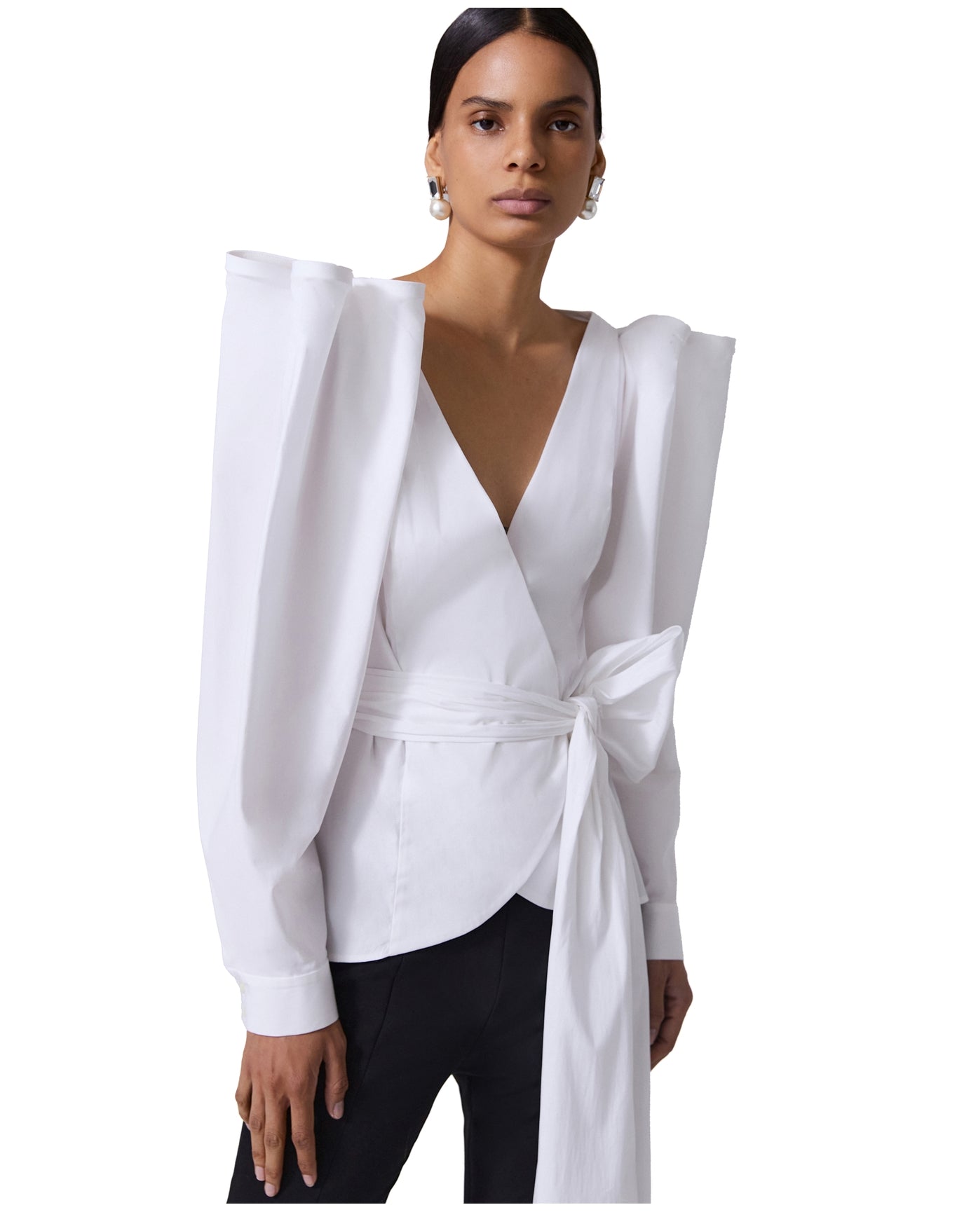 Puff Sleeve Wrap Top with Self Belt | White