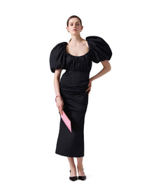 Puff Sleeve Scoop Neck Ruched Midi Dress | Black