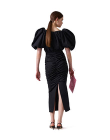 Puff Sleeve Scoop Neck Ruched Midi Dress | Black
