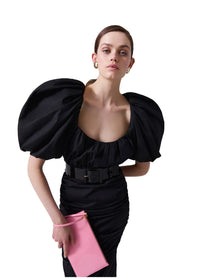 Puff Sleeve Scoop Neck Ruched Midi Dress | Black