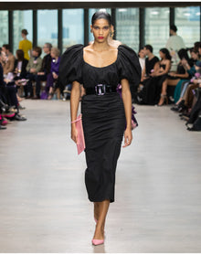 Puff Sleeve Scoop Neck Ruched Midi Dress | Black