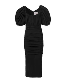 Puff Sleeve Scoop Neck Ruched Midi Dress | Black
