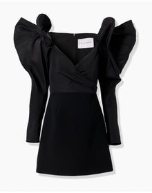 Dramatic Bow Sleeve Crossed Mini Dress | Black