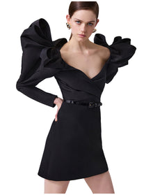 Dramatic Bow Sleeve Crossed Mini Dress | Black