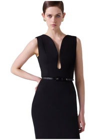 Sleeveless Deep U Neckline Midi Dress | Black