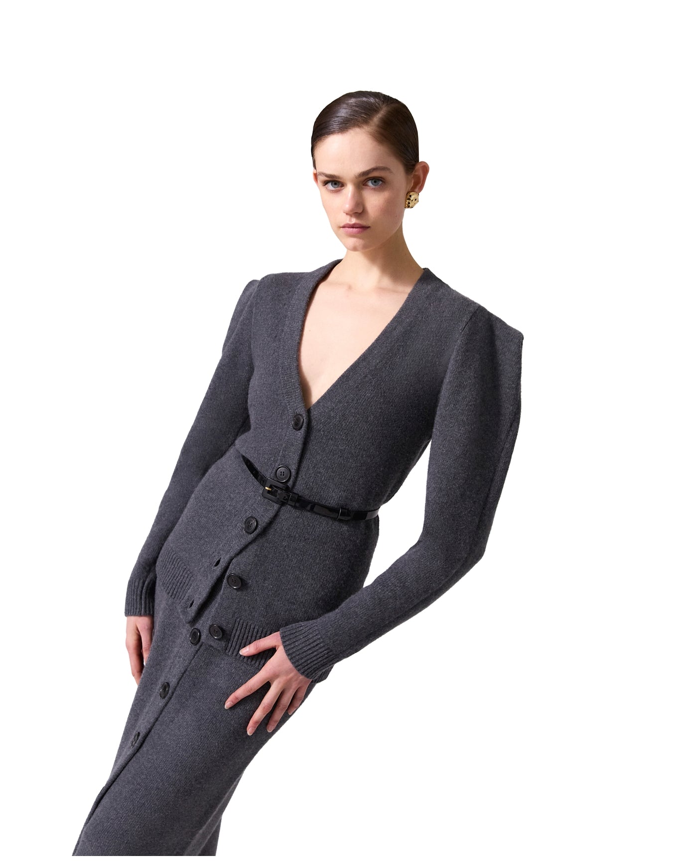 Long Sleeve V Neck Cardigan | Melange Grey