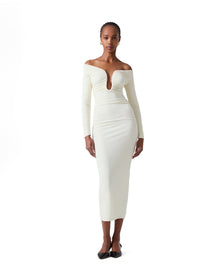 Long Sleeve Deep U Neckline Ruched Midi Dress | Ivory