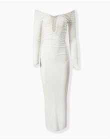 Long Sleeve Deep U Neckline Ruched Midi Dress | Ivory