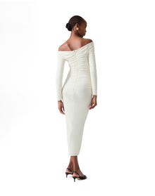 Long Sleeve Deep U Neckline Ruched Midi Dress | Ivory