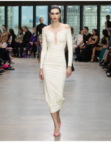 Long Sleeve Deep U Neckline Ruched Midi Dress | Ivory