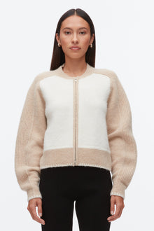 Colorblock Zip Cardigan | Ivory/Beige
