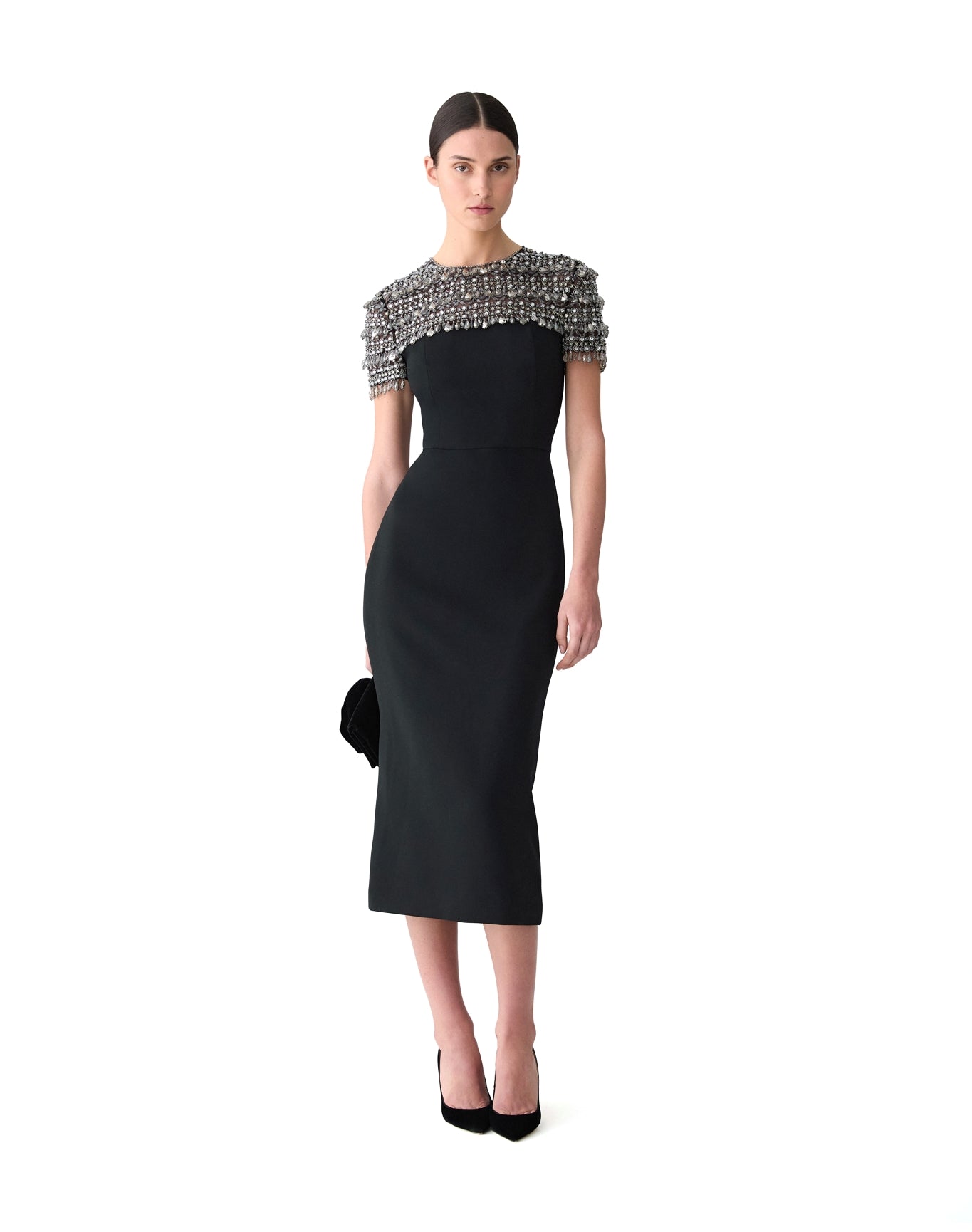 Embroidered Short Sleeve Crewneck Pencil Dress | Black Multi Embroidered Short Sleeve Crewneck Pencil Dress | Black Multi