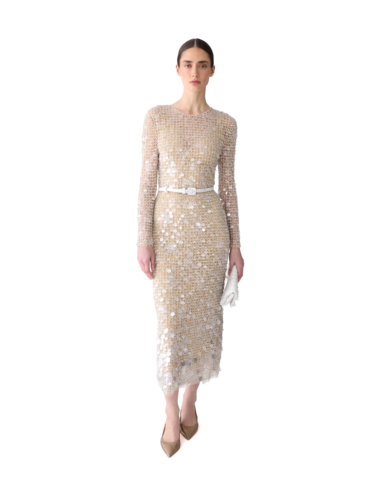 nude long sleeve midi dress Embroidered Long Sleeve Midi Dress