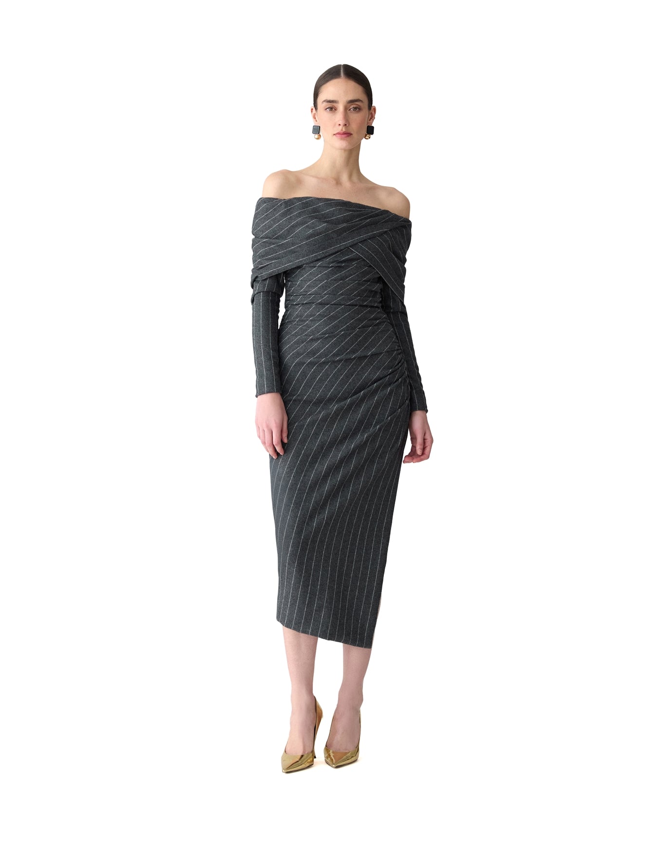 sachin and babi light blue dress Long Sleeve Off Shoulder Gathered Midi Dress