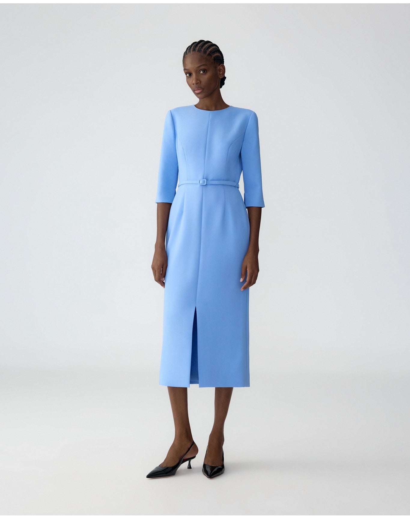 Elbow Sleeve Crewneck Midi Dress with Belt | Cornflower