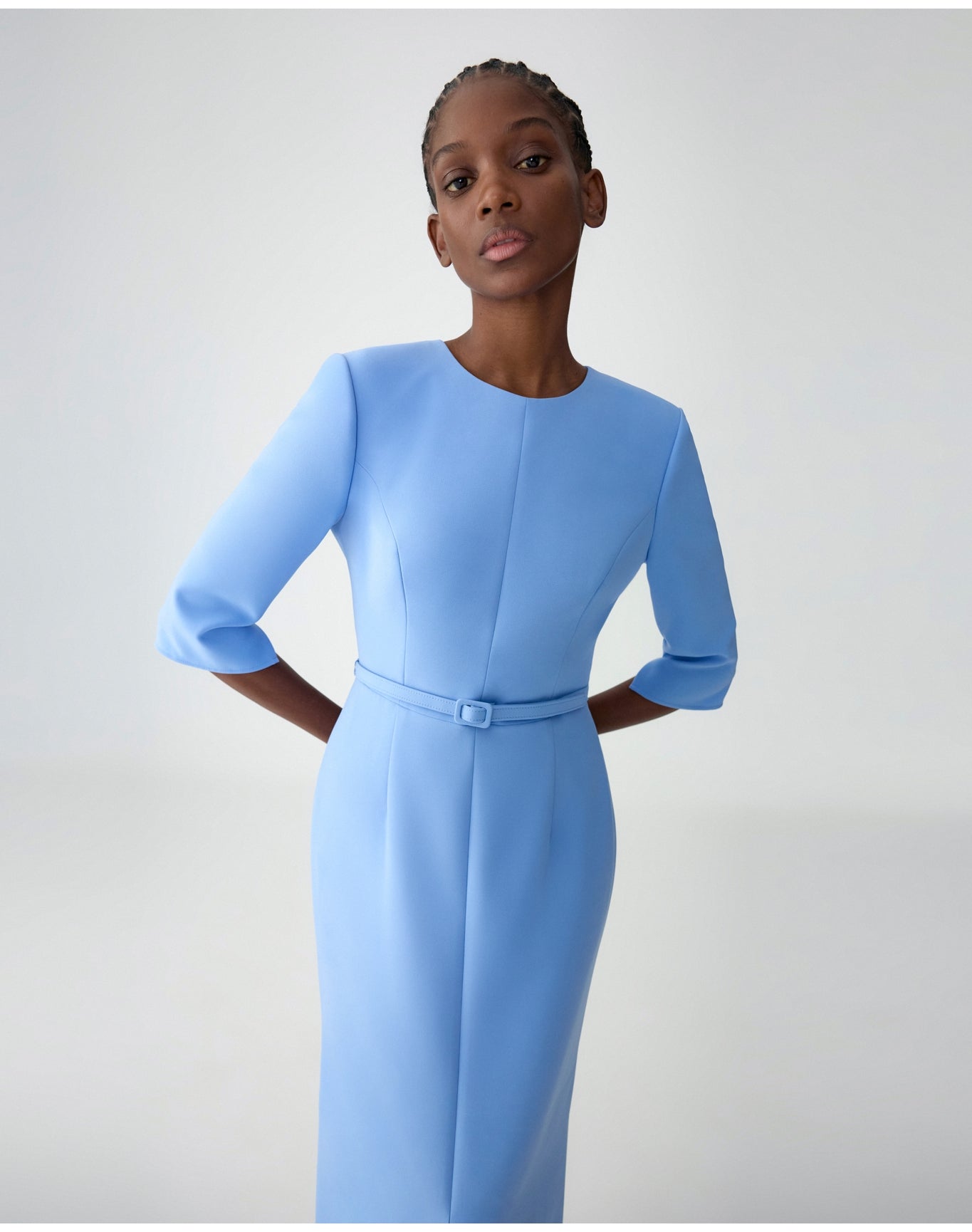 Elbow Sleeve Crewneck Midi Dress with Belt