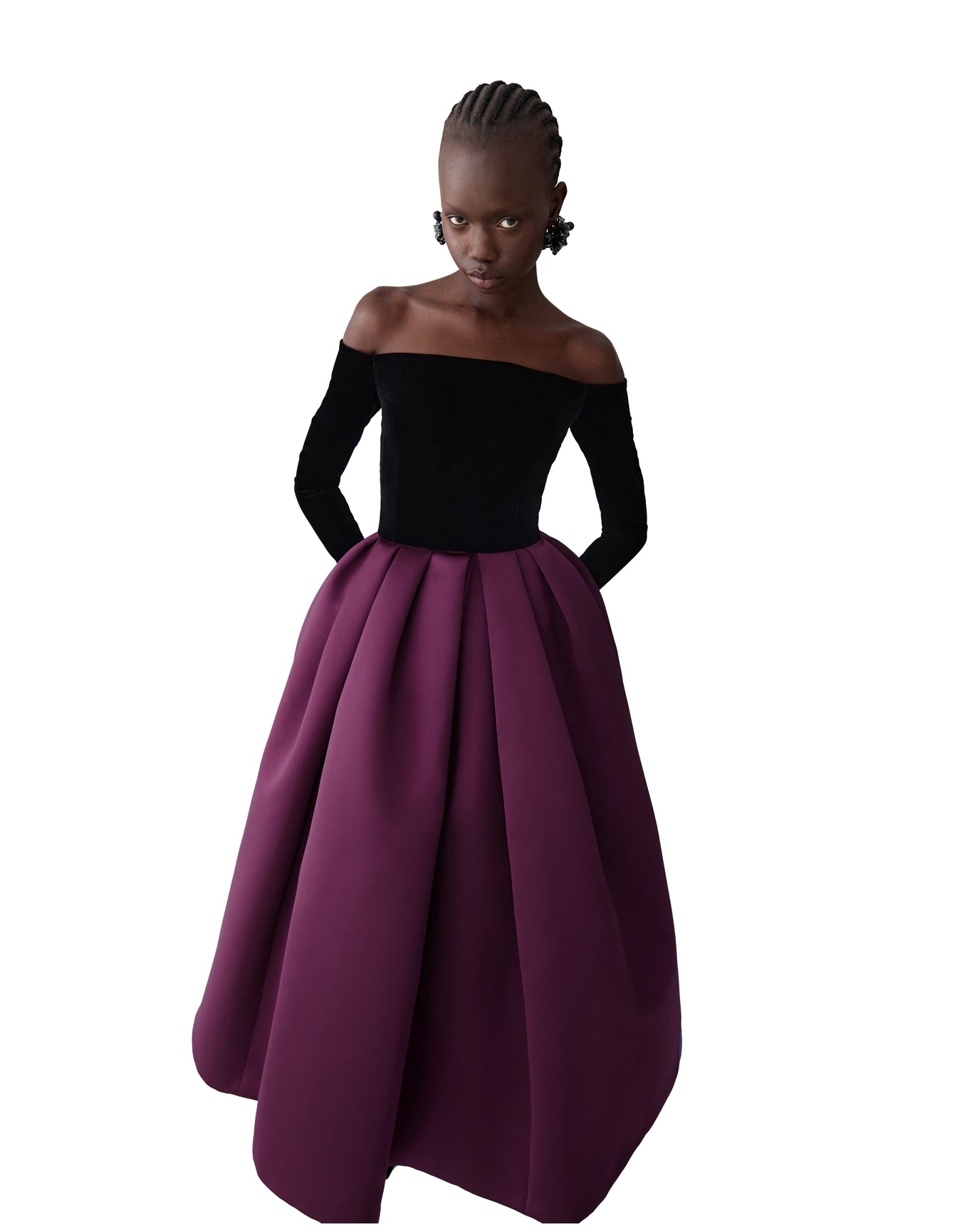 Off Shoulder Long Sleeve Midi Dress | Eggplant Multi