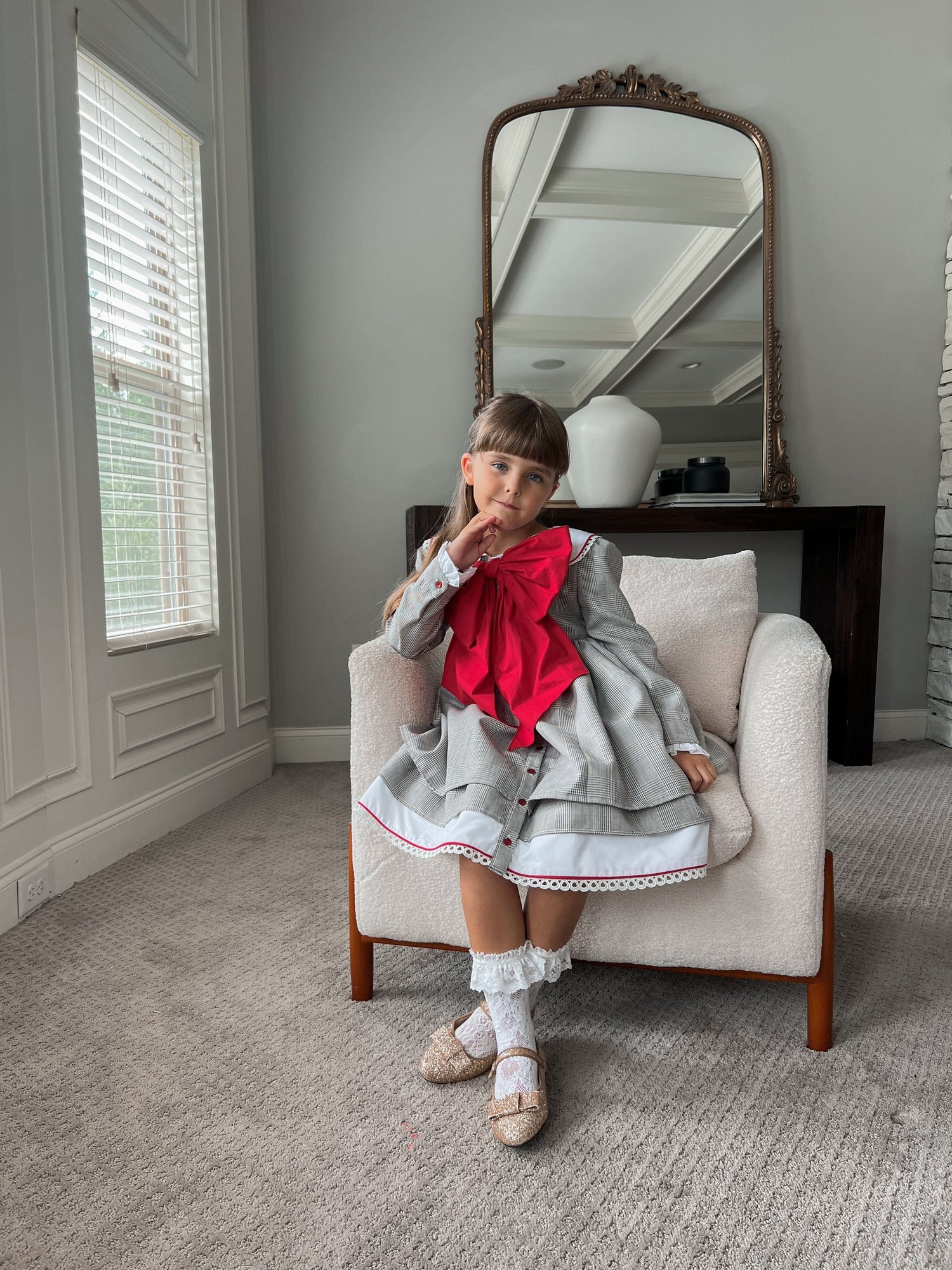 Baby Girls | Georgina Print Dress with Bow | Tartan & Red