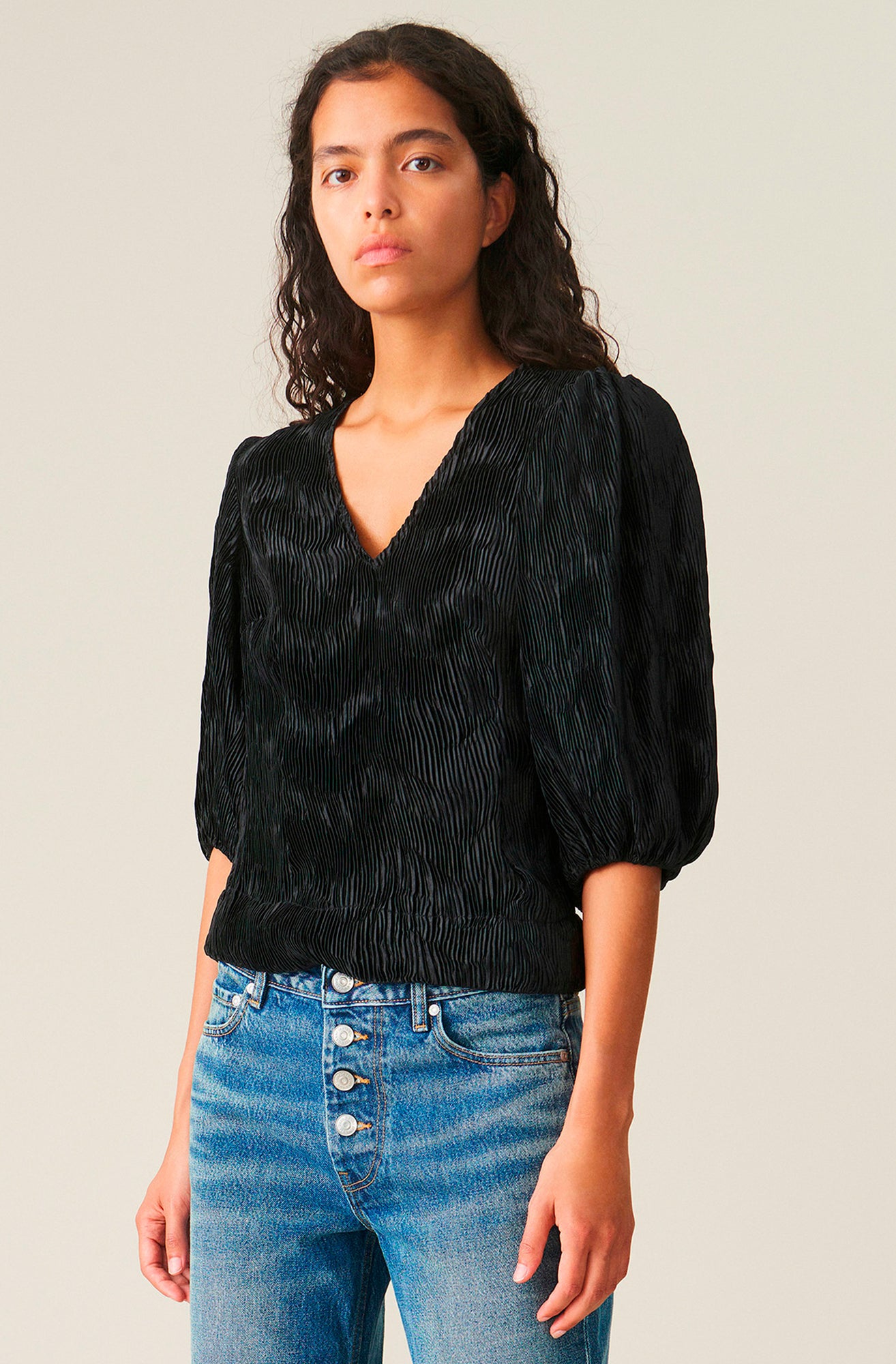 Pleated Satin Blouse | Black