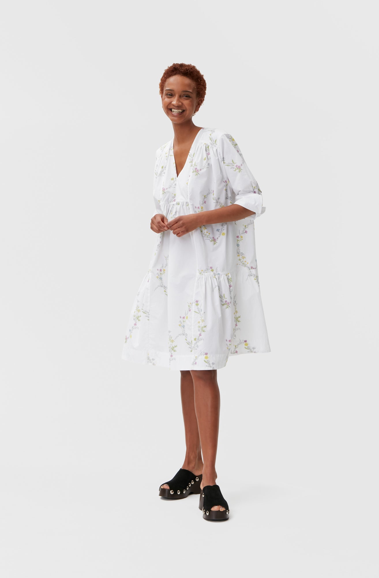 Knee-Length Poplin Dress | Floral Shape Bright White