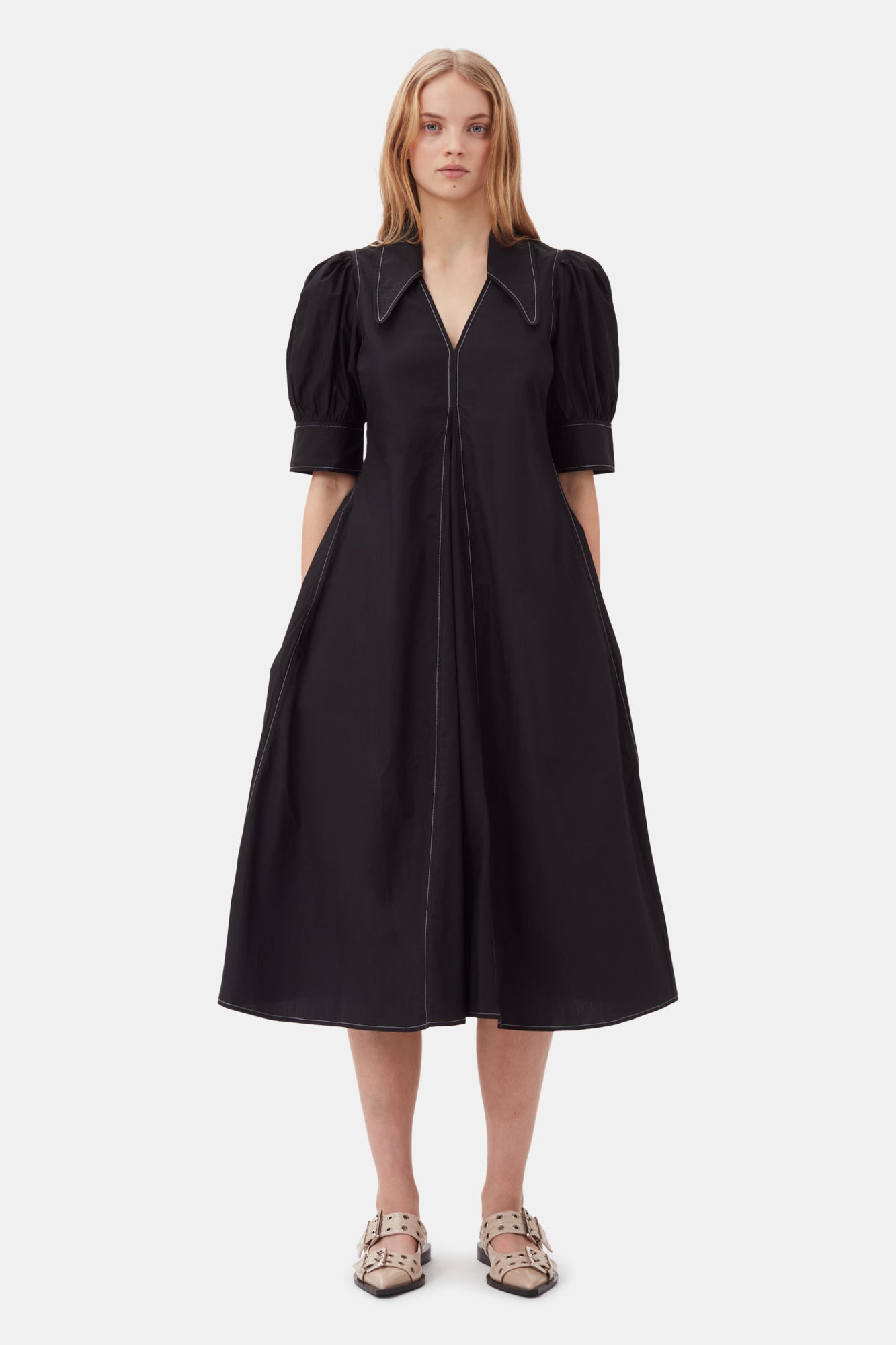 Cotton Poplin V-Neck Midi Dress | Black