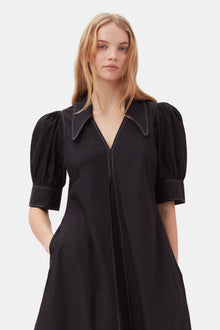 Cotton Poplin V-Neck Midi Dress | Black