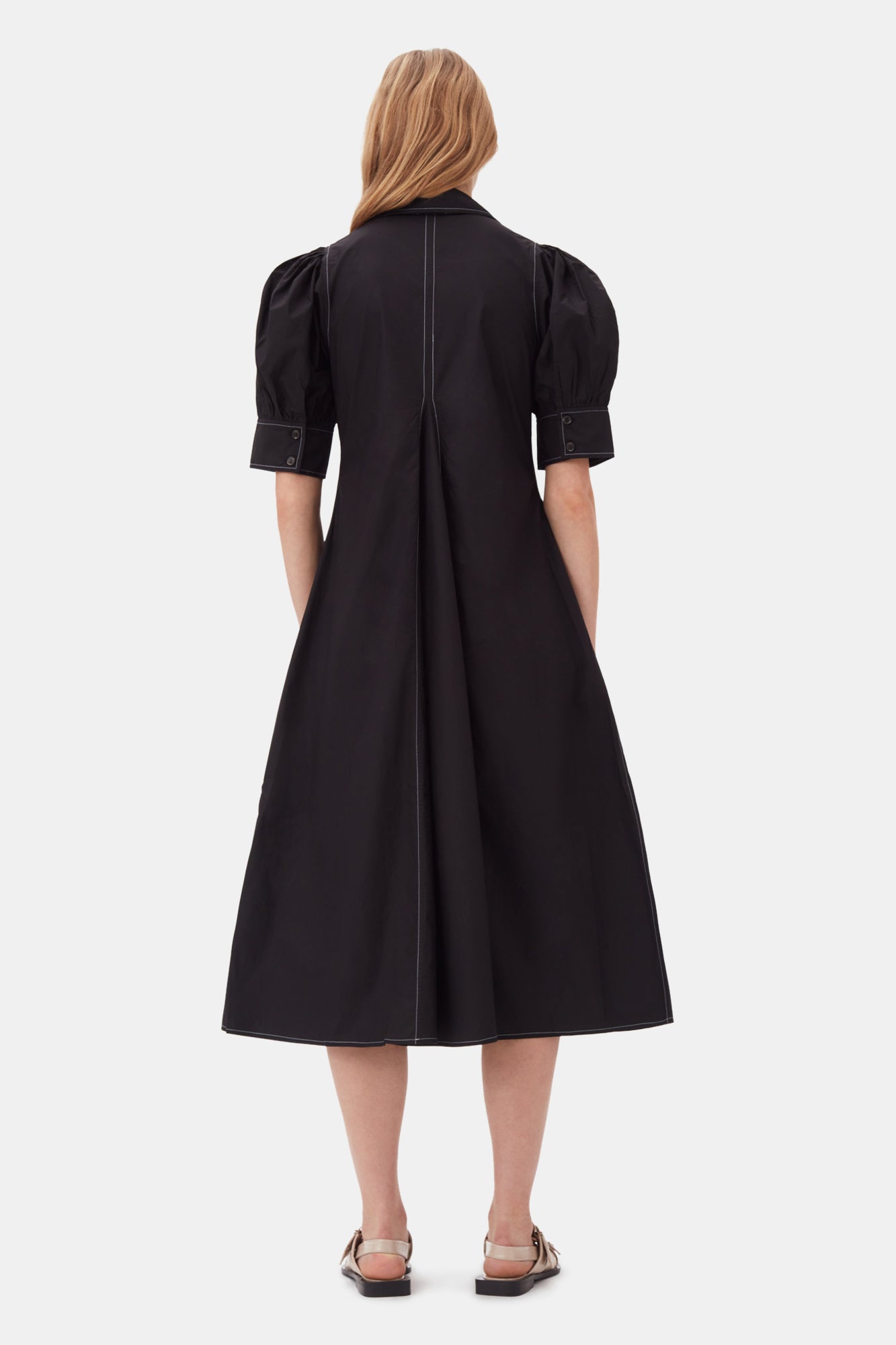 Cotton Poplin V-Neck Midi Dress | Black