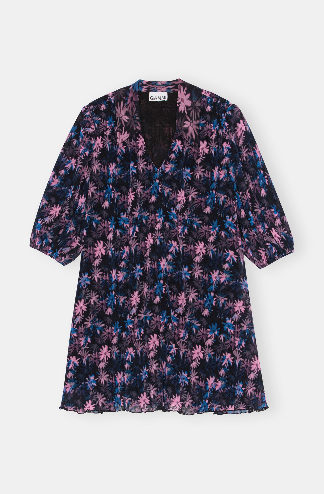 Pleated Georgette Mini Dress | Daisy Spray Lilac Sachet