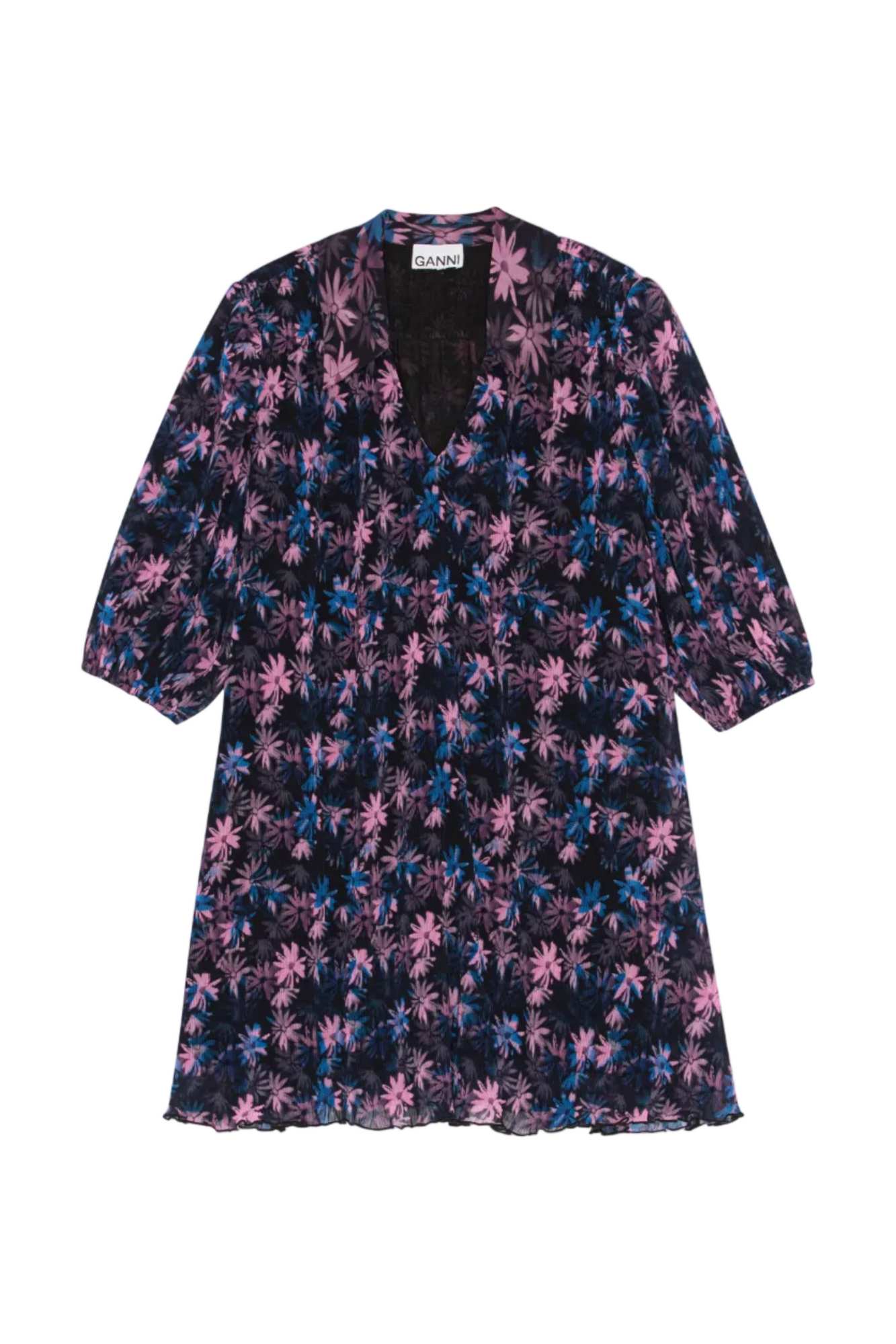 Pleated Georgette Mini Dress | Daisy Spray Lilac Sachet