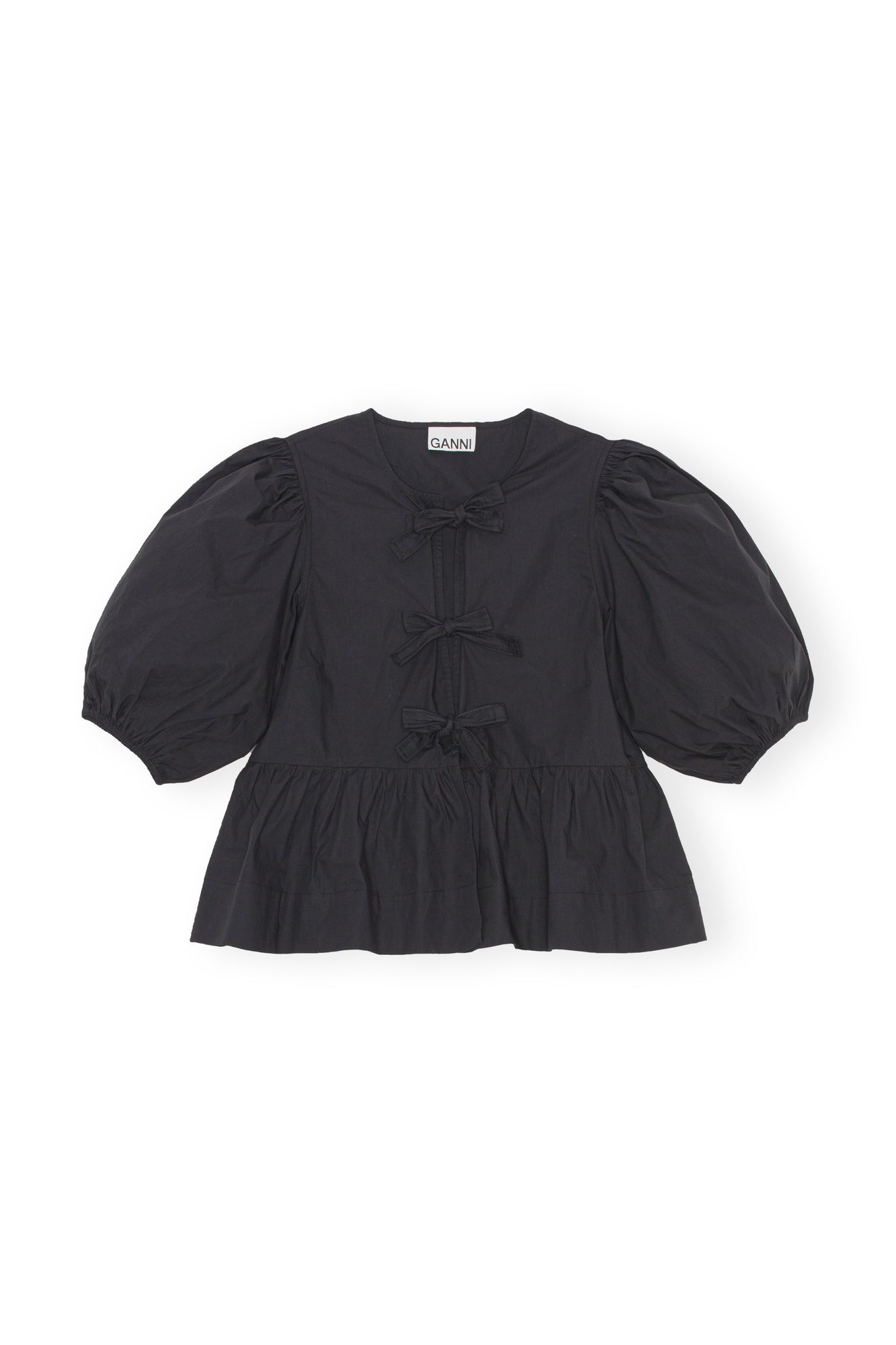 Cotton Poplin Peplum Tie Blouse | Black
