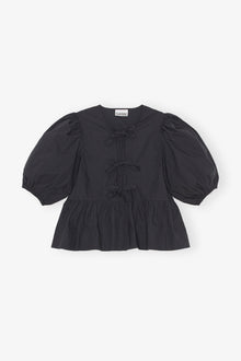 Cotton Poplin Peplum Tie Blouse | Black