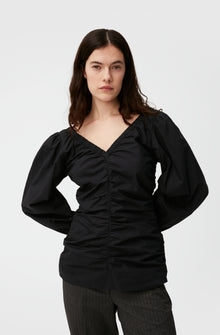 Cotton Poplin V-Neck Blouse | Black